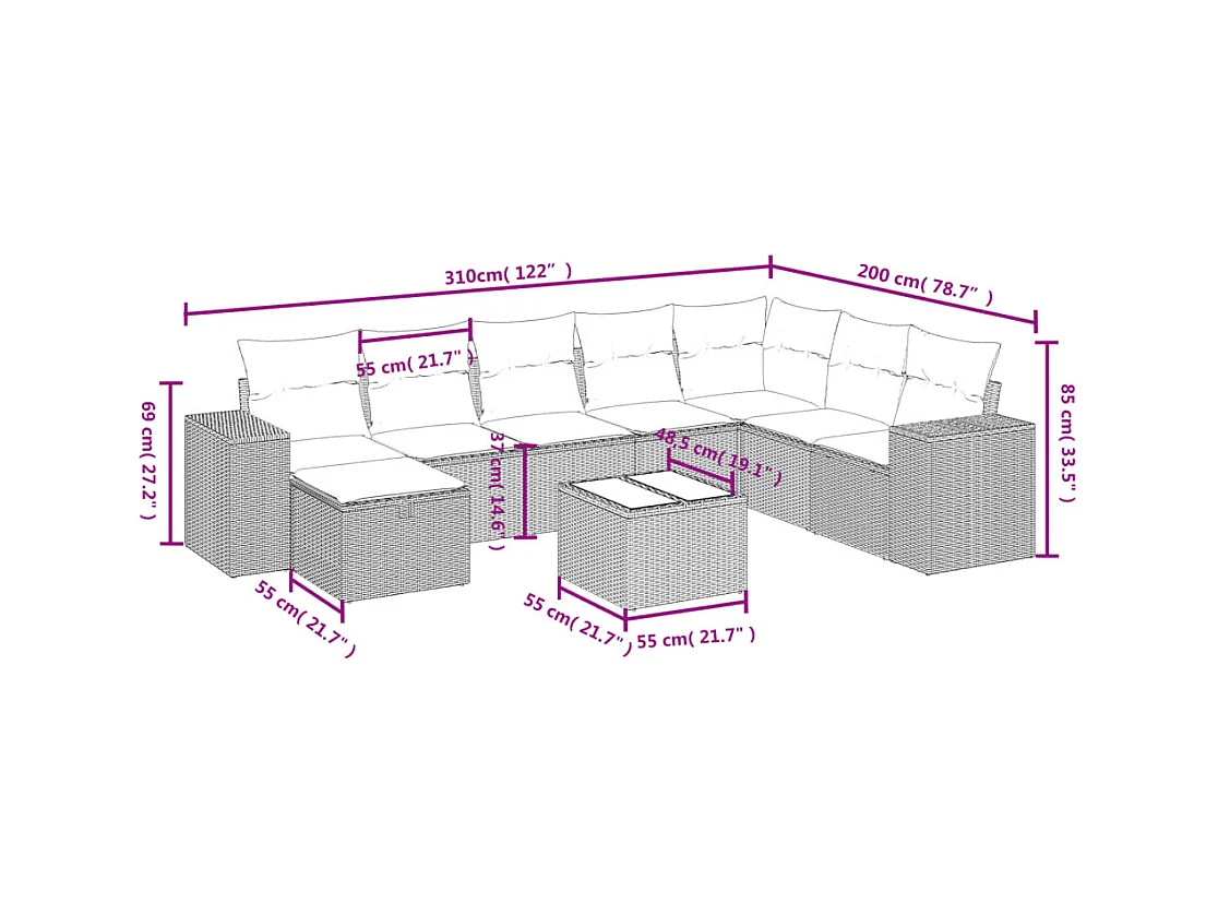 Salon de jardin avec coussins 9 pcs beige résine tressée