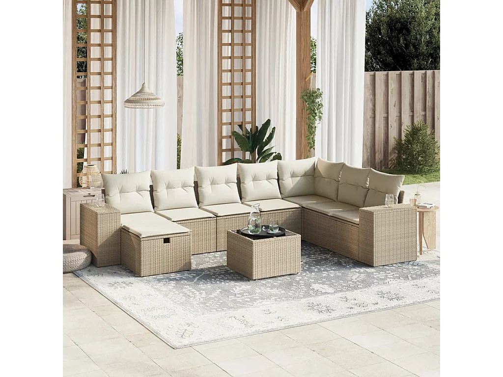 Salon de jardin avec coussins 9 pcs beige résine tressée