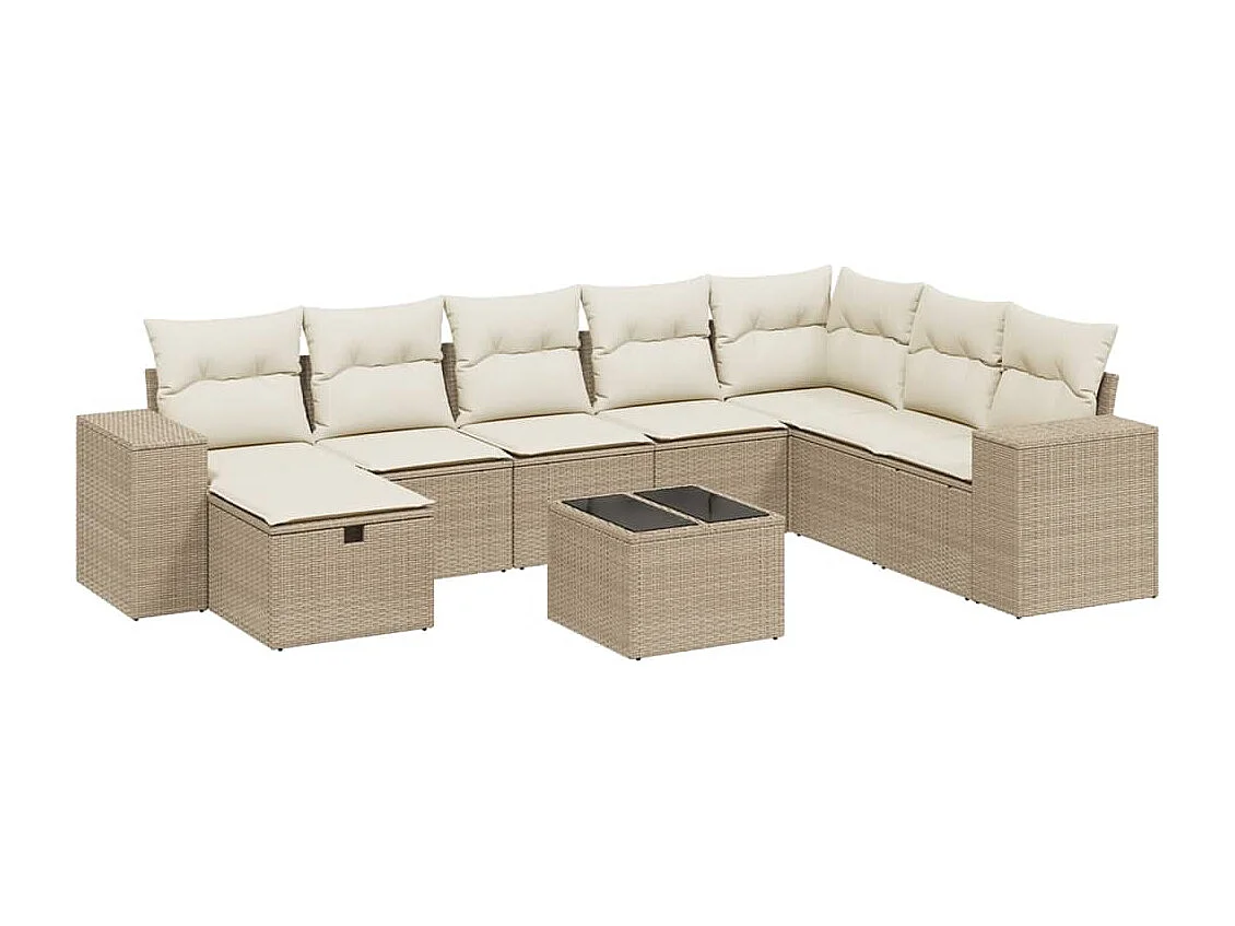 Salon de jardin avec coussins 9 pcs beige résine tressée