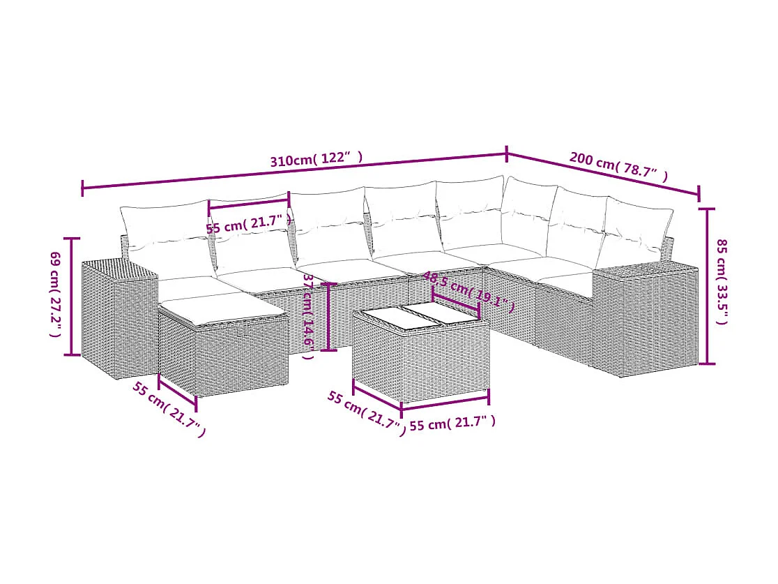 Salon de jardin avec coussins 9 pcs beige résine tressée