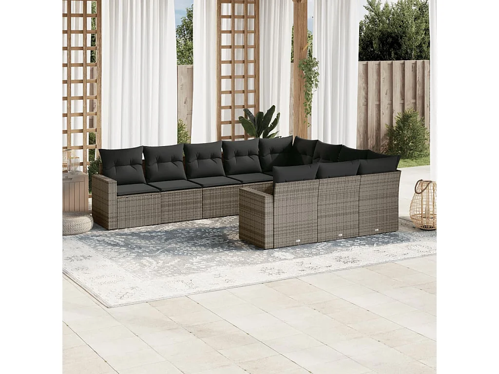 10-delige Loungeset met kussens poly rattan grijs