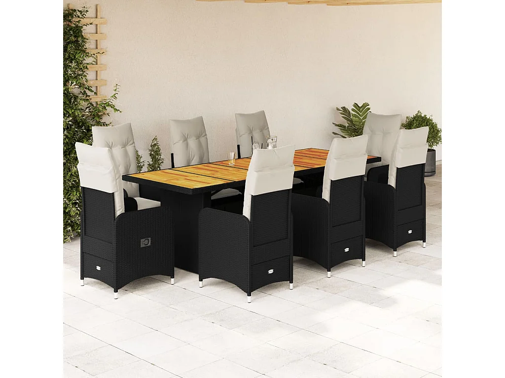 Ensemble de bistro de jardin 9 pcs coussins noir poly rotin