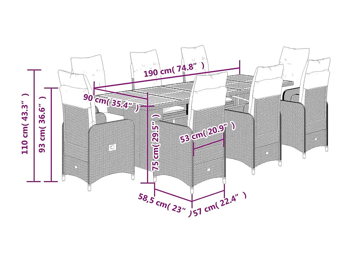 Ensemble de bistro de jardin 9 pcs coussins noir poly rotin