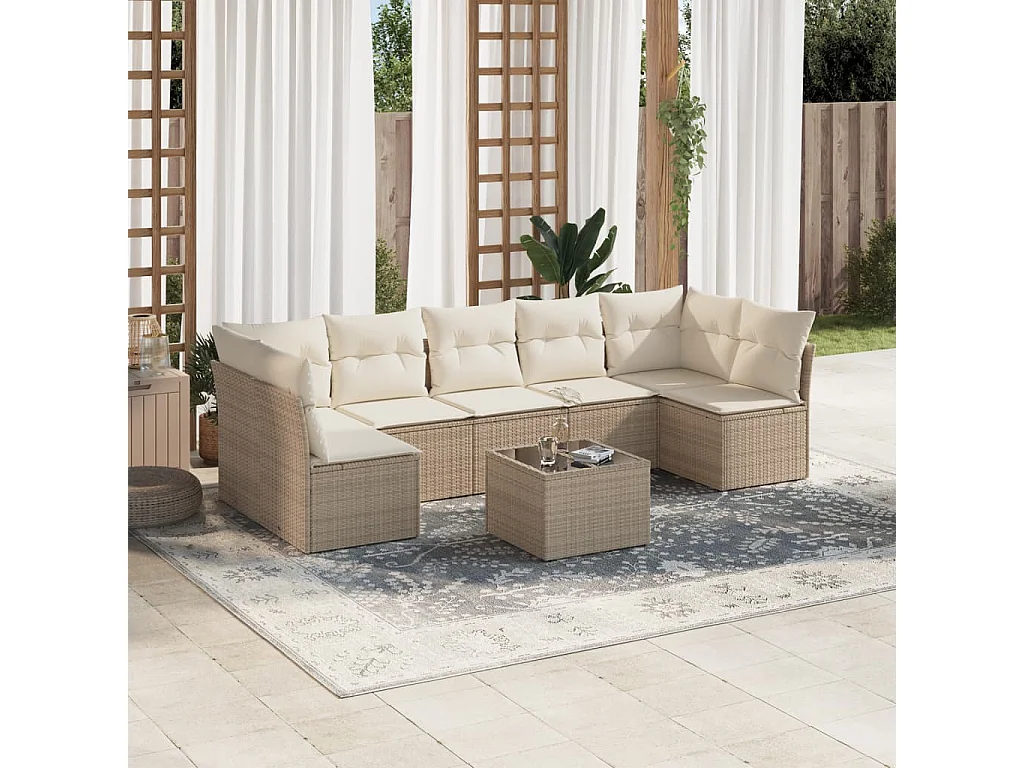 Salon de jardin avec coussins 8 pcs beige résine tressée