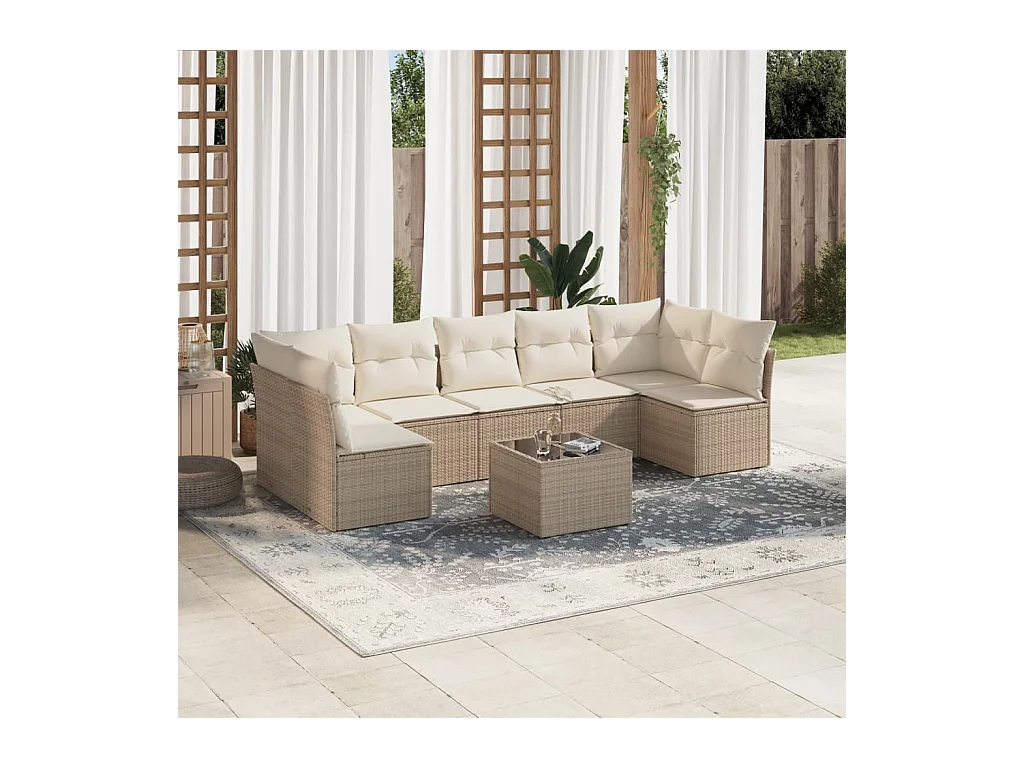 Set Divano da Giardino 8 pz con Cuscini Beige in Polyrattan