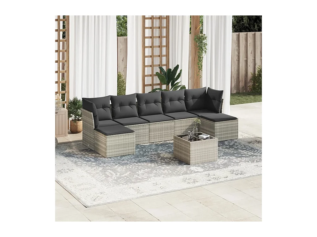 Set Divano da Giardino 8pz con Cuscini Grigio Chiaro Polyrattan