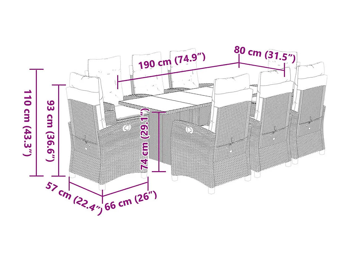 Ensemble à manger de jardin et coussins 9 pcs gris clair rotin