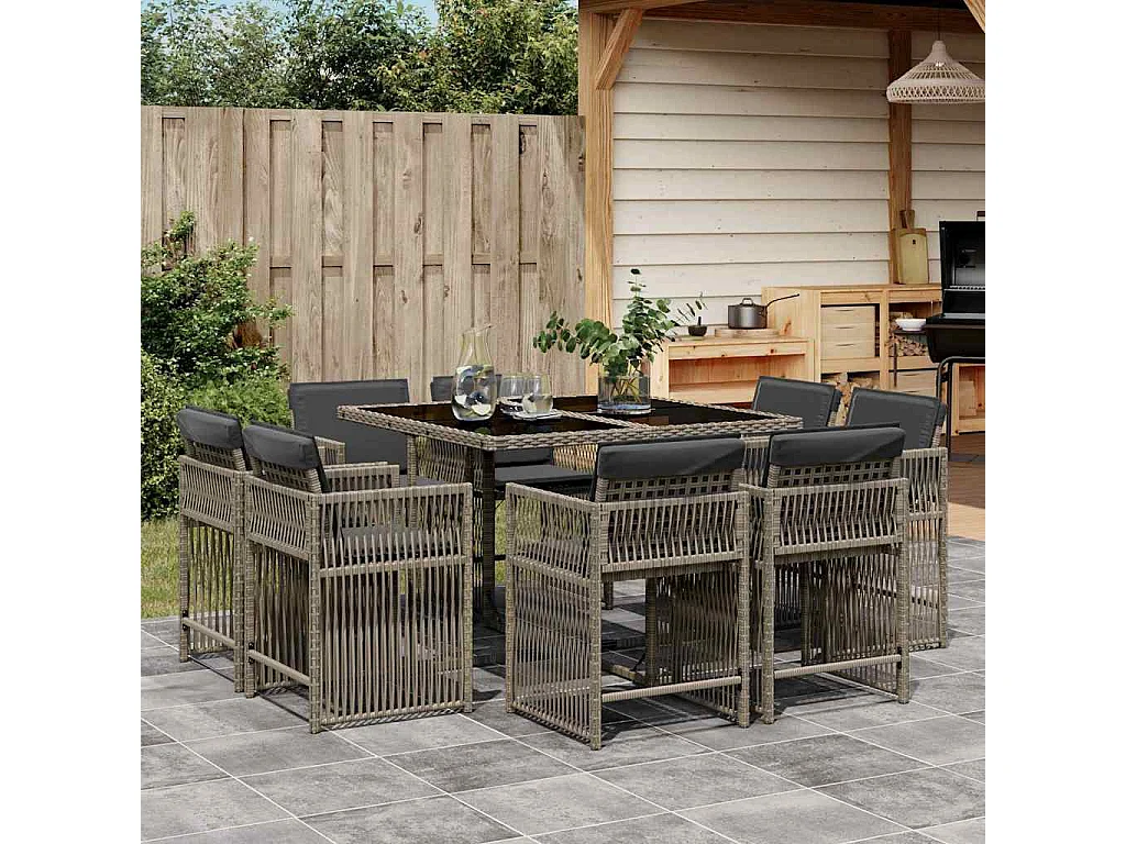 Set da Pranzo da Giardino 9 pz con Cuscini in Polyrattan Grigio
