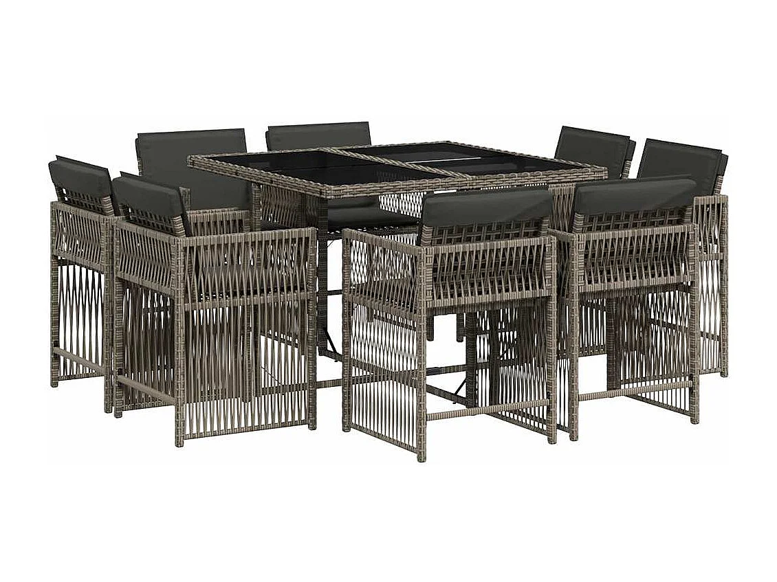 Set da Pranzo da Giardino 9 pz con Cuscini in Polyrattan Grigio