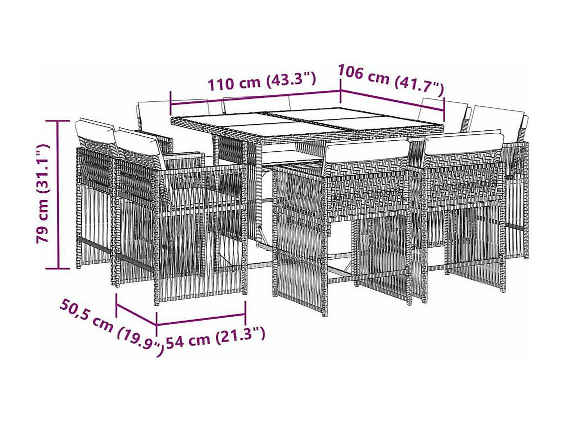 Set da Pranzo da Giardino 9 pz con Cuscini in Polyrattan Grigio