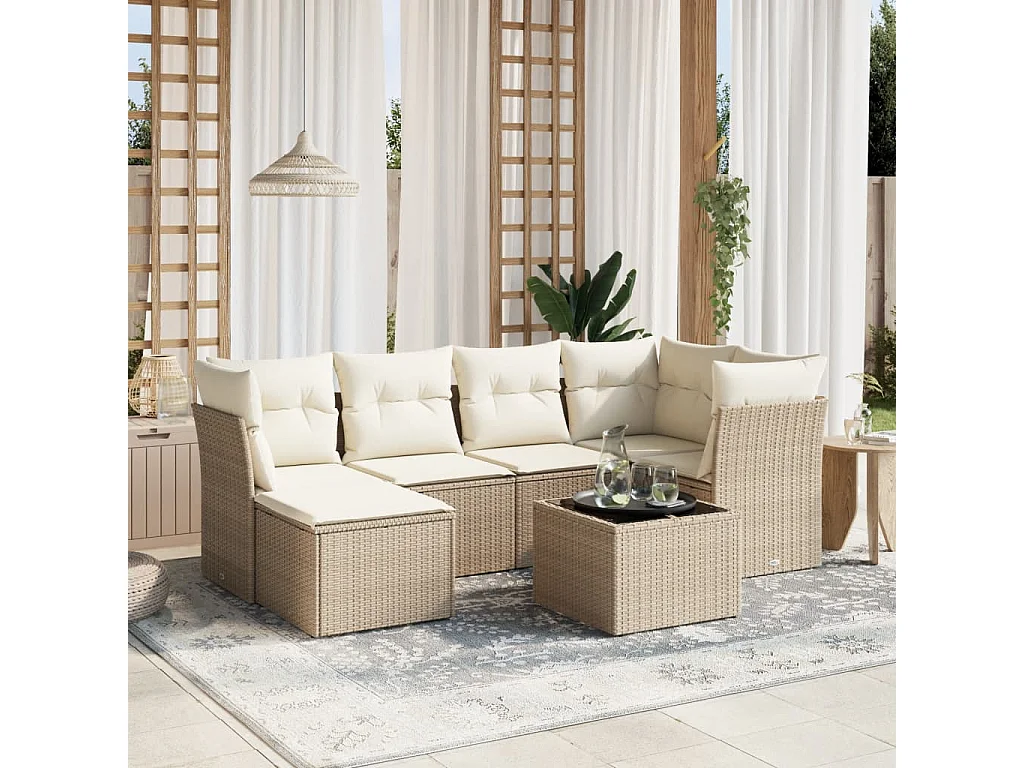 7 pcs conjunto de sofás p/ jardim com almofadões vime PE bege