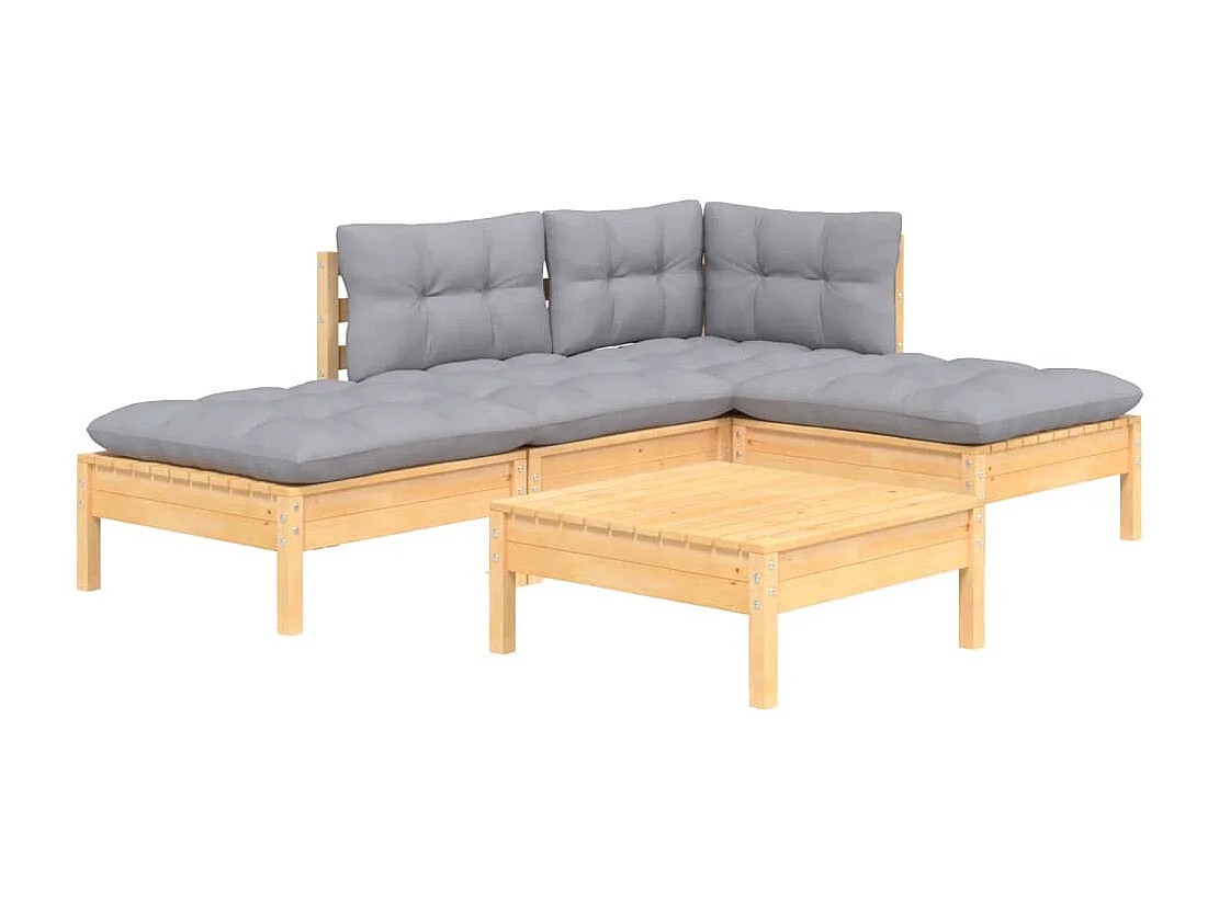 Set Divani da Giardino 5 pz con Cuscini Grigi Massello di Pino