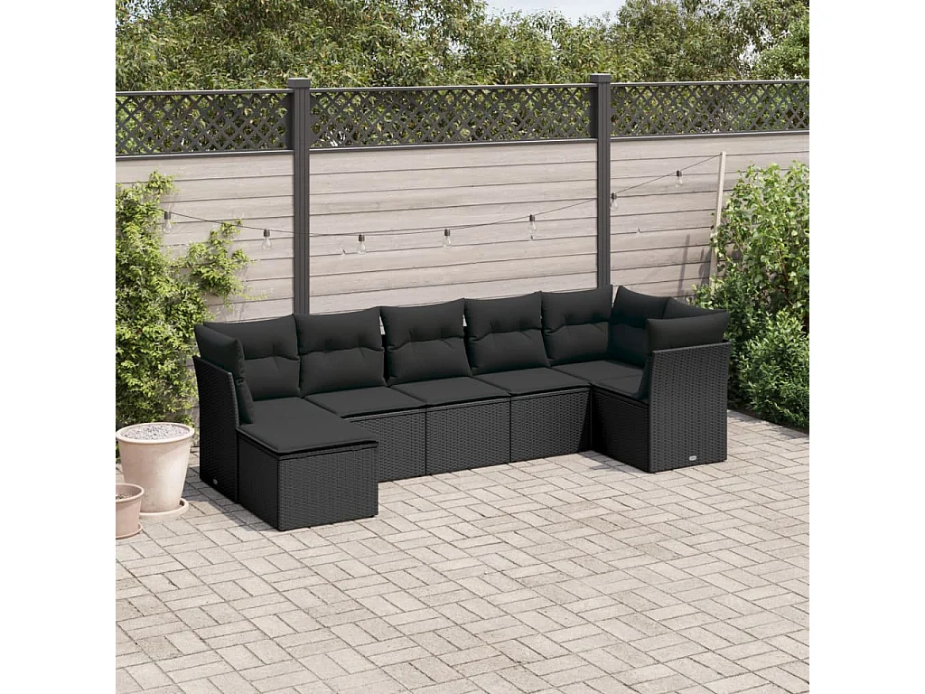 Set Divani da Giardino con Cuscini 7pz Nero Polyrattan