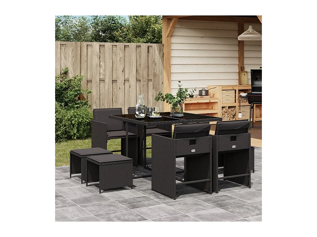 Set da Pranzo da Giardino 9 pz con Cuscini Nero in Polyrattan