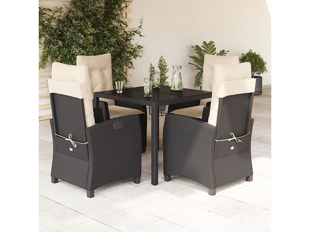 Set da Pranzo da Giardino 5 pz Nero con Cuscini in Polyrattan