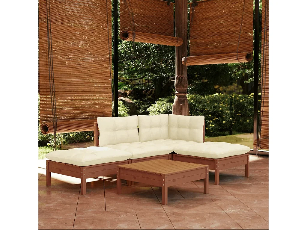 5pcs conj. lounge jardim + almofadões pinho maciço castanho-mel