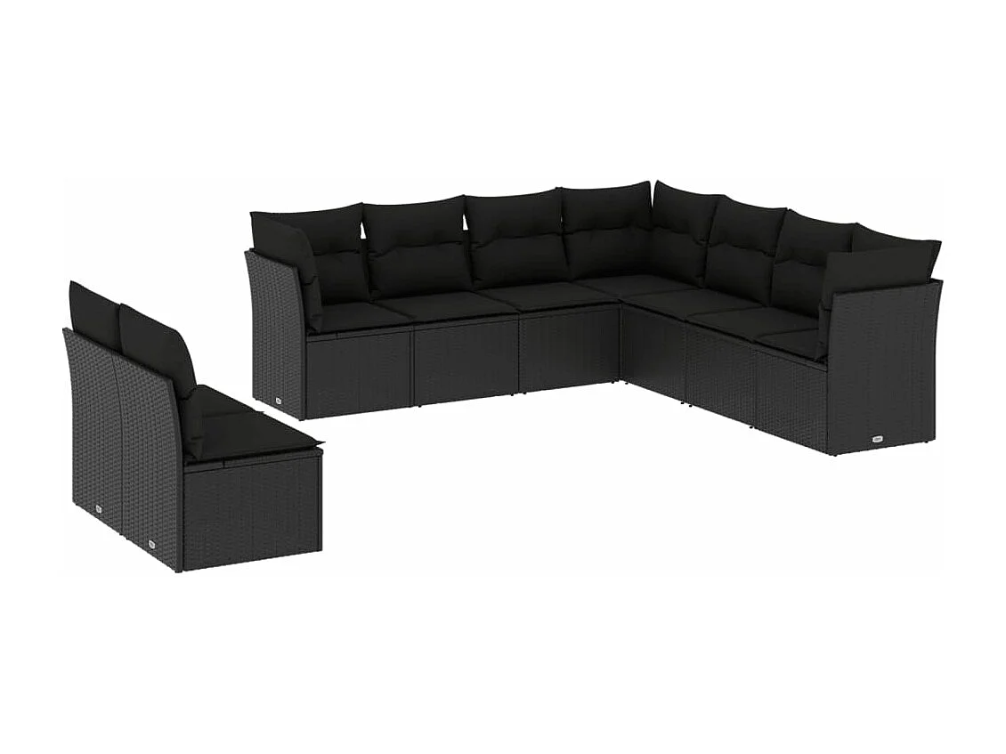 Salon de jardin 9 pcs avec coussins noir résine tressée