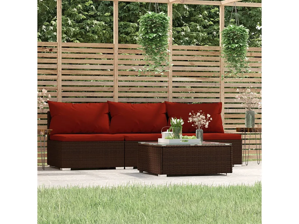 Salon de jardin 4 pcs avec coussins Marron Résine tressée