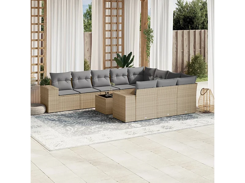 11-tlg. Garten-Sofagarnitur mit Kissen Beige Poly Rattan