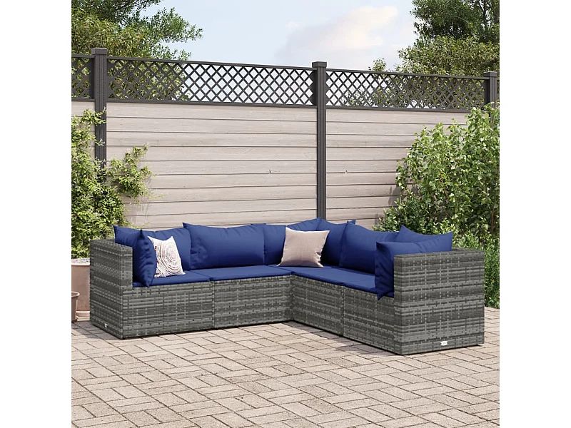 Salon de jardin 5 pcs avec coussins Gris Résine tressée