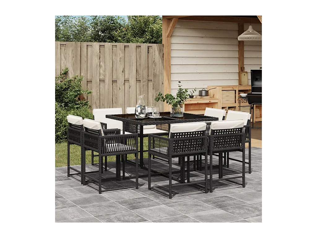 Set da Pranzo da Giardino 9 pz con Cuscini Nero in Polyrattan