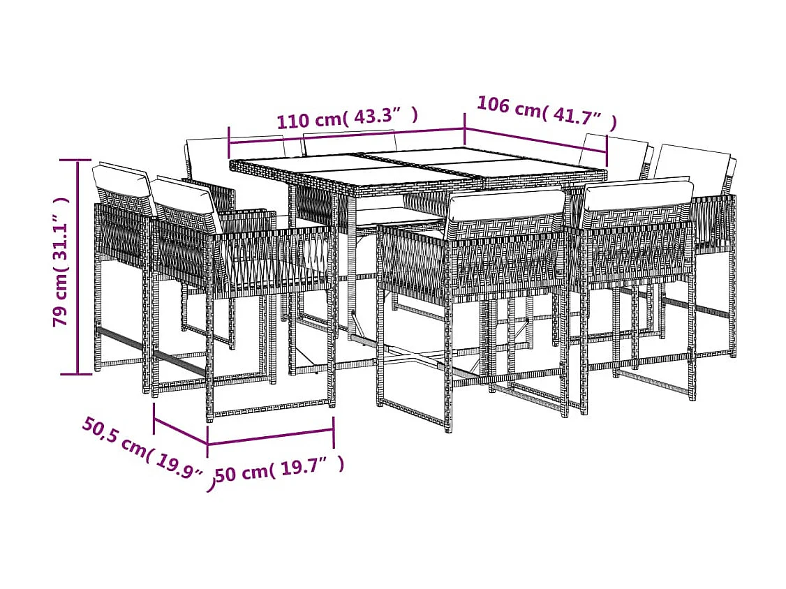 Set de comedor de jardín 9 pzas y cojines ratán sintético negro