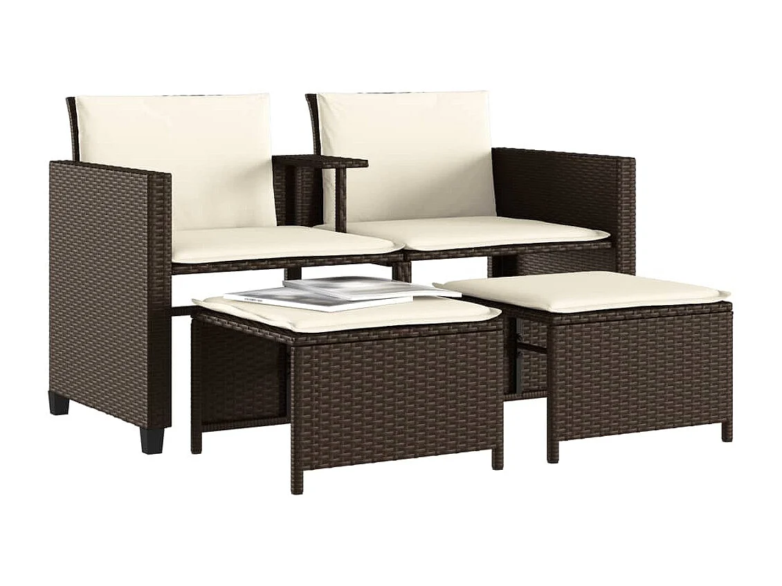 Canapé de jardin 2 places avec table et tabourets marron rotin