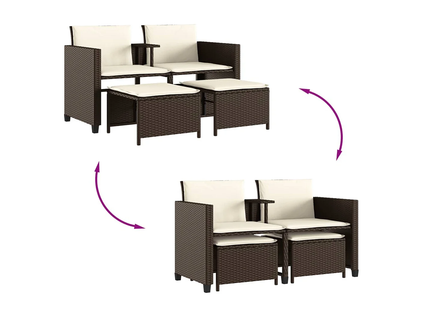 Canapé de jardin 2 places avec table et tabourets marron rotin