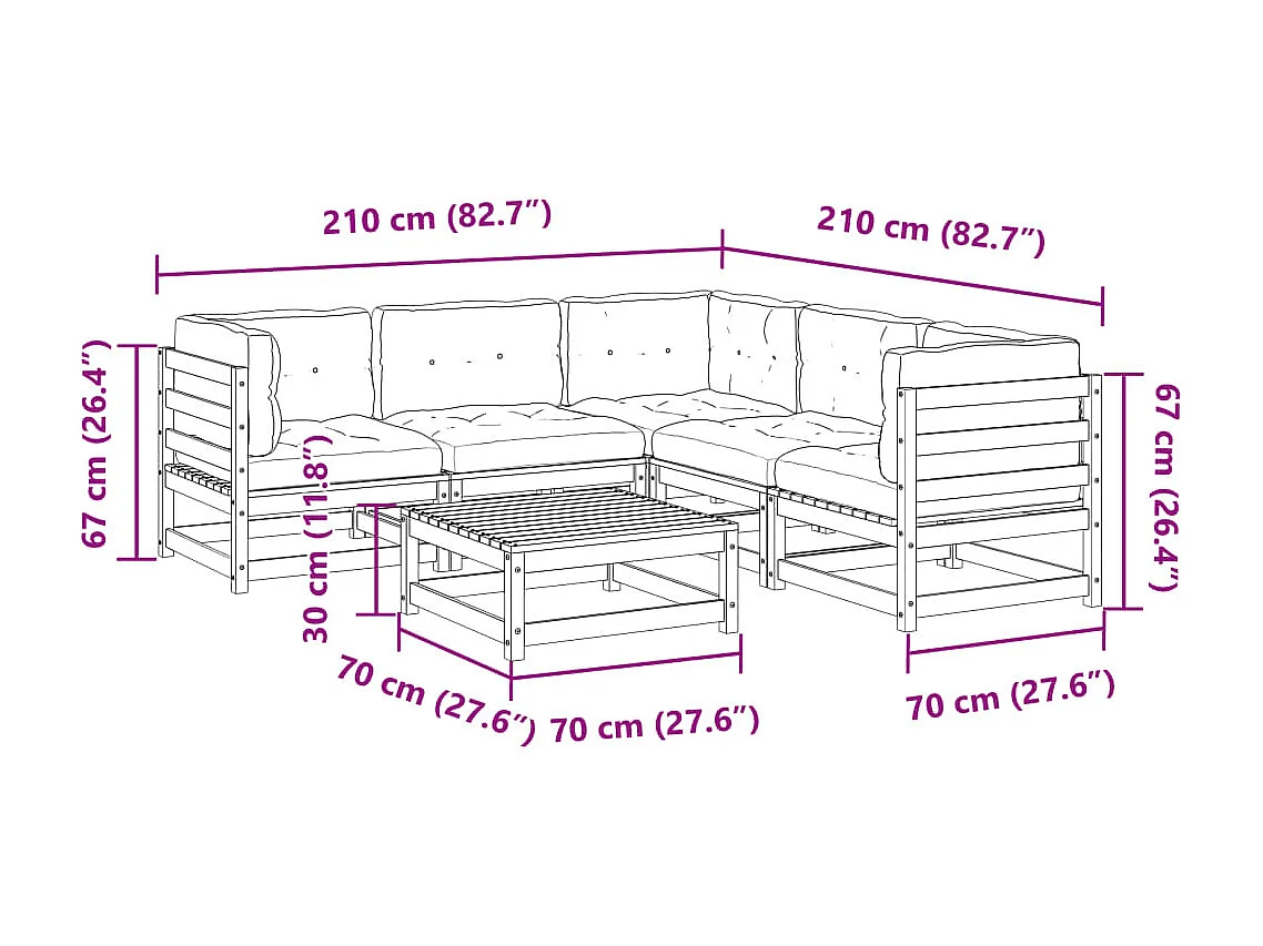 Set de sofás jardín 6 pzas con cojines madera pino marrón cera