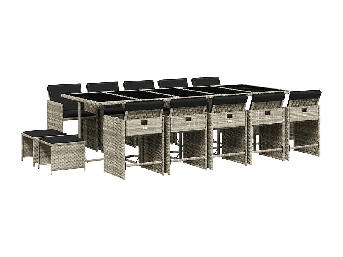 15-tlg. Garten-Essgruppe mit Kissen Hellgrau Poly Rattan