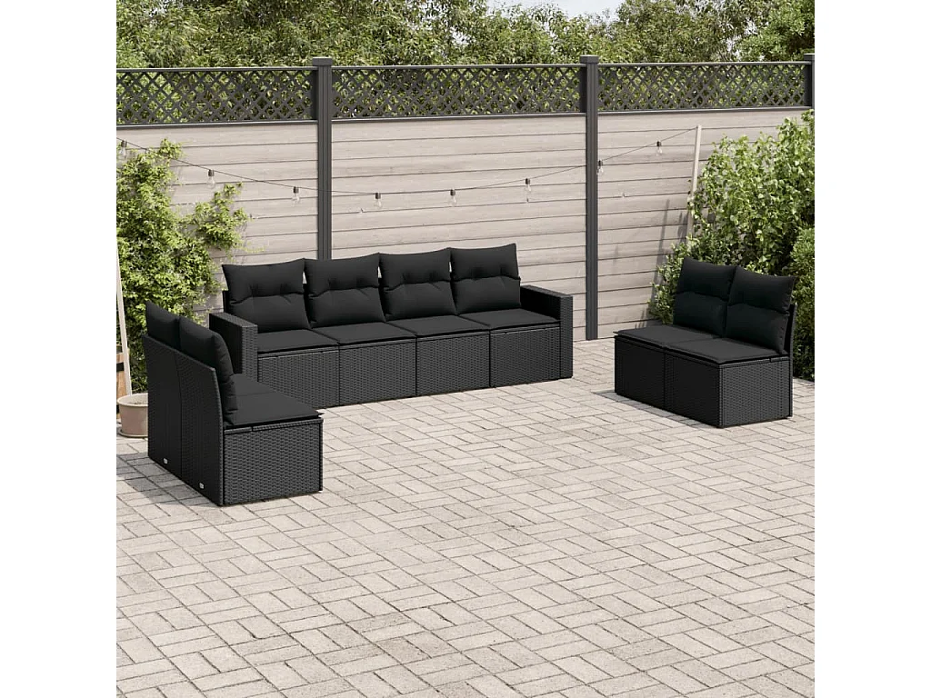 8 pcs conjunto sofás de jardim com almofadões vime PE preto