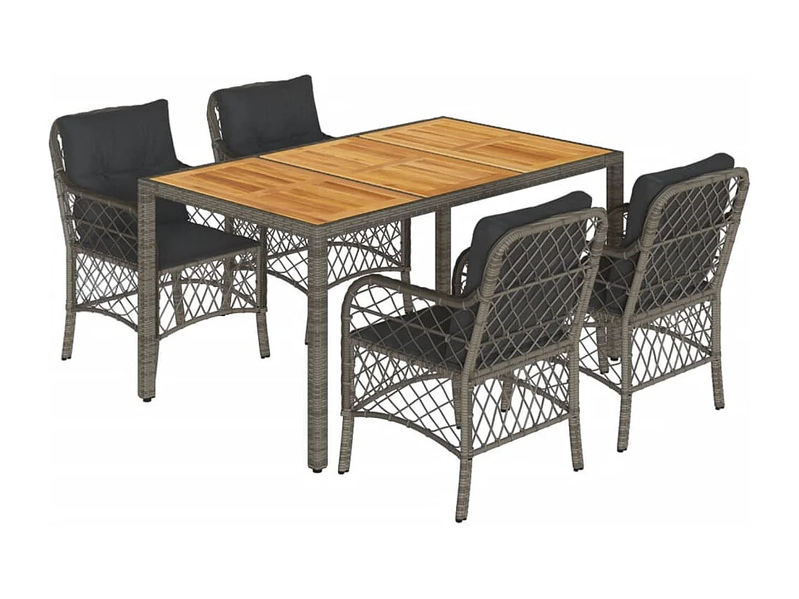 5 pcs conjunto de jantar p/ jardim c/ almofadões vime PE cinza