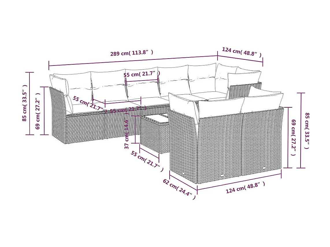 9-delige Loungeset met kussens poly rattan lichtgrijs