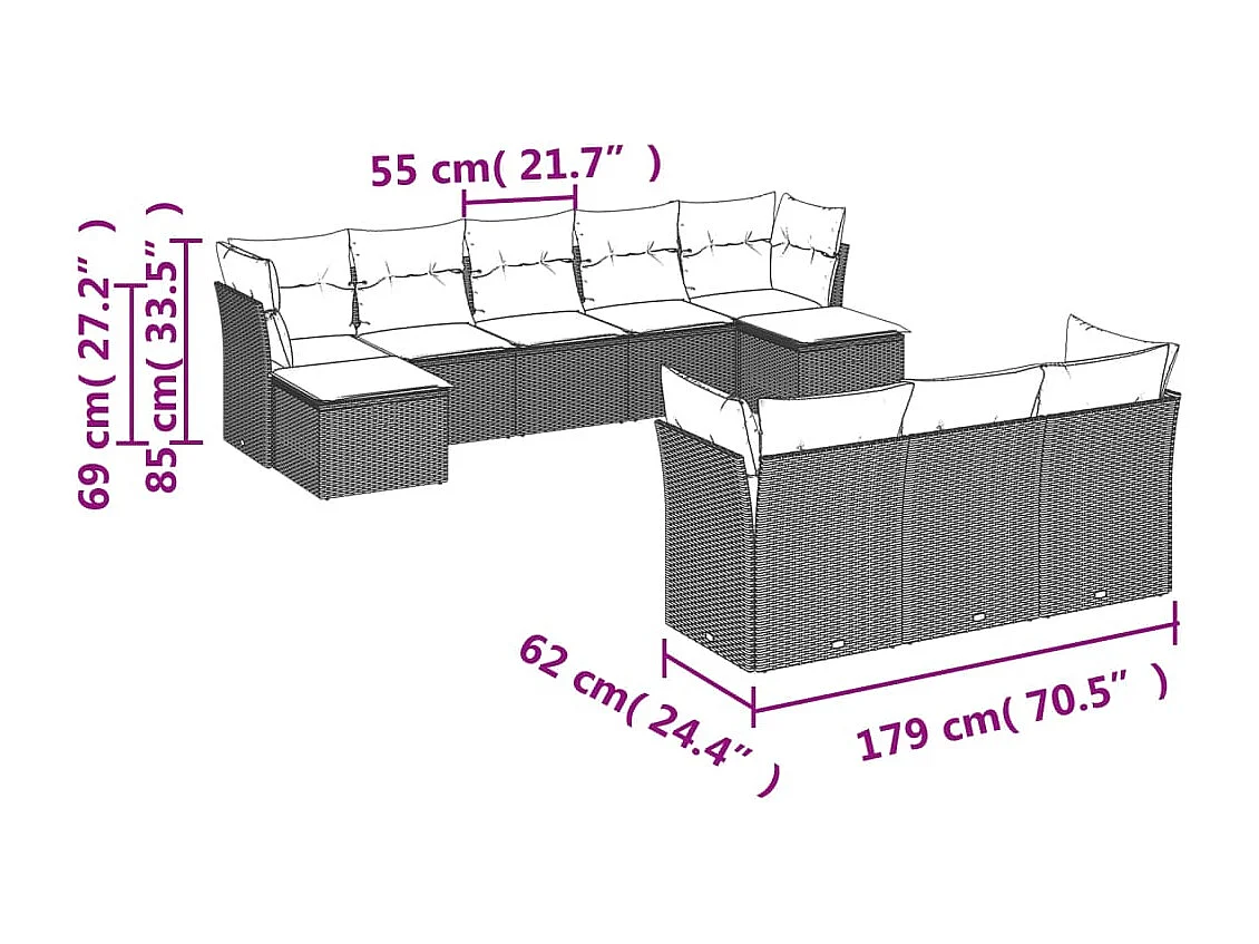 10-tlg. Garten-Sofagarnitur mit Kissen Schwarz Poly Rattan