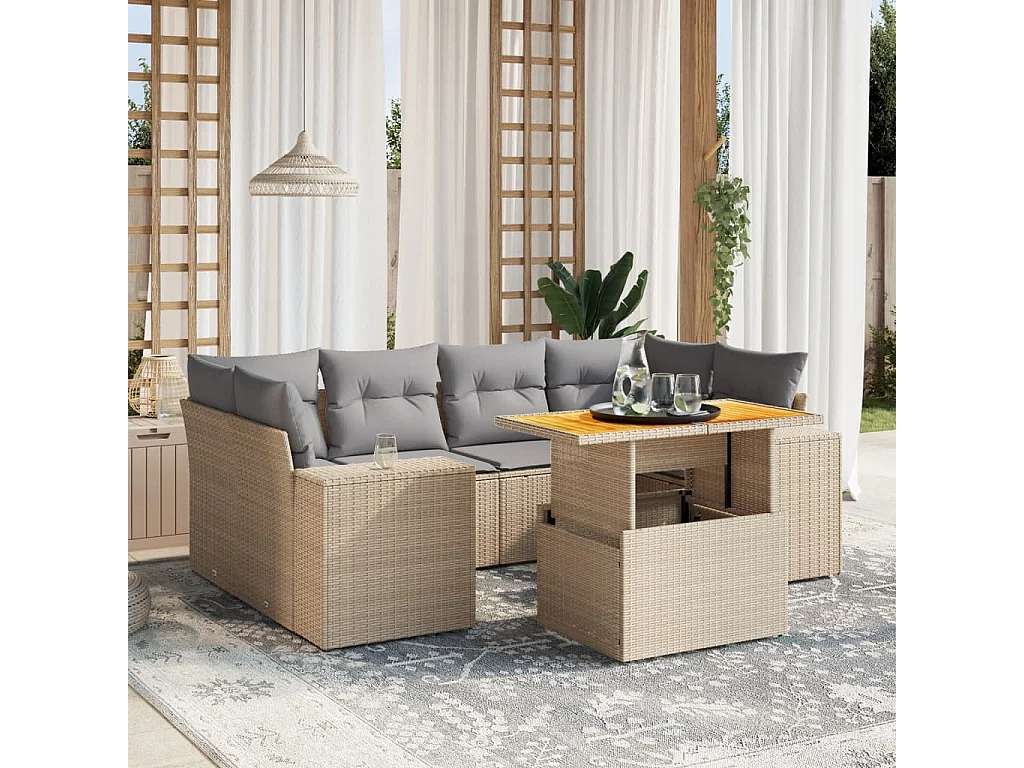 Salon de jardin avec coussins 7 pcs beige résine tressée
