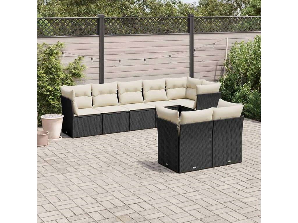 Salon de jardin 8 pcs avec coussins noir résine tressée