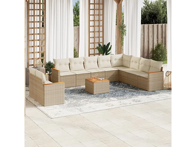 Set de sofás de jardín 11pzas con cojines ratán sintético beige