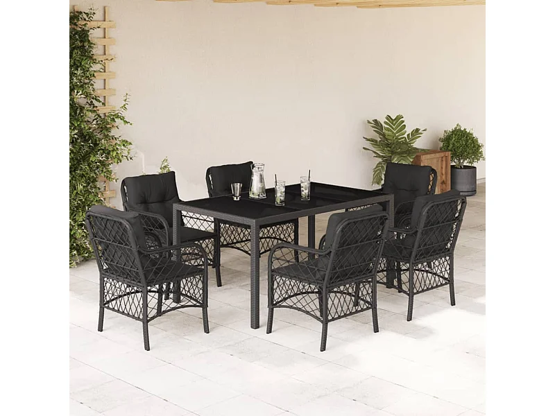 Ensemble à manger de jardin coussins 7pcs Noir Résine tressée