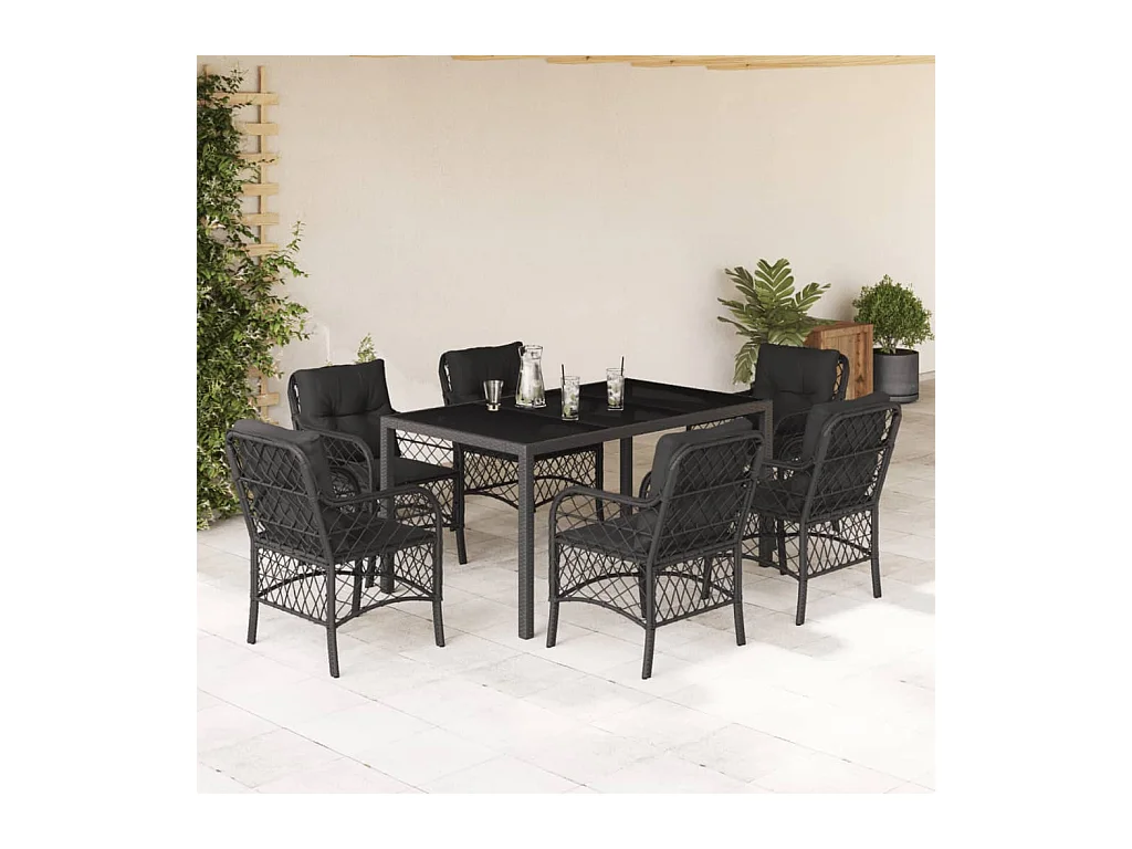 Ensemble à manger de jardin coussins 7pcs Noir Résine tressée