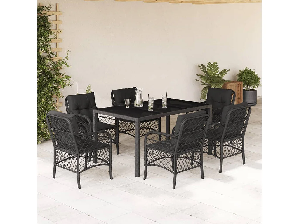 Ensemble à manger de jardin coussins 7pcs Noir Résine tressée