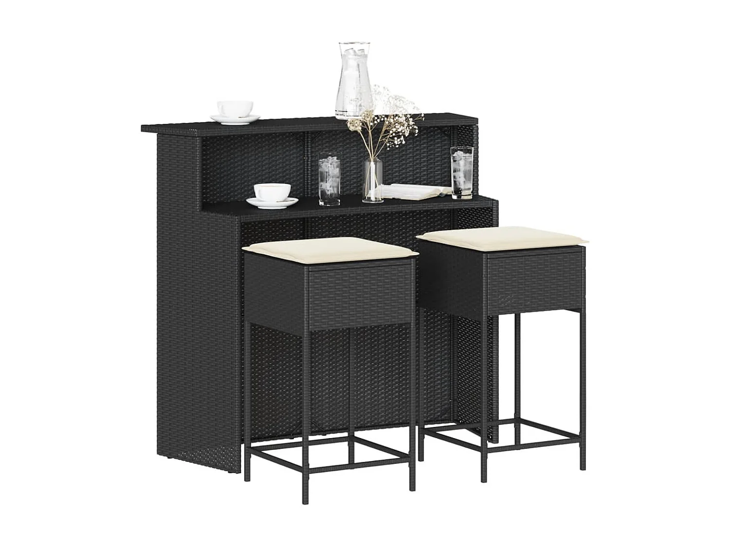 Ensemble de bar de jardin 3 pcs avec coussins noir poly rotin