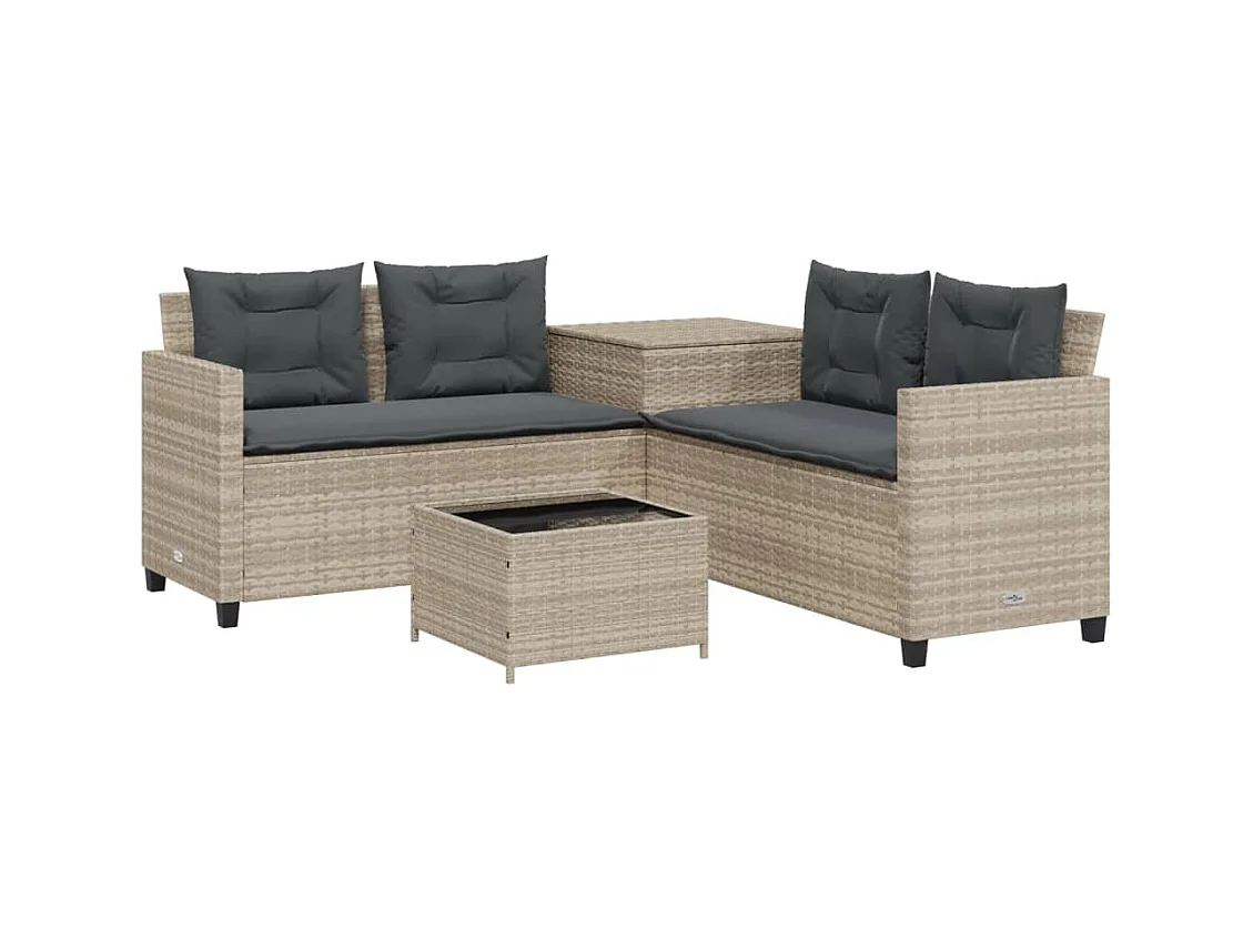 Canapé de jardin et table et coussins en forme de L gris clair