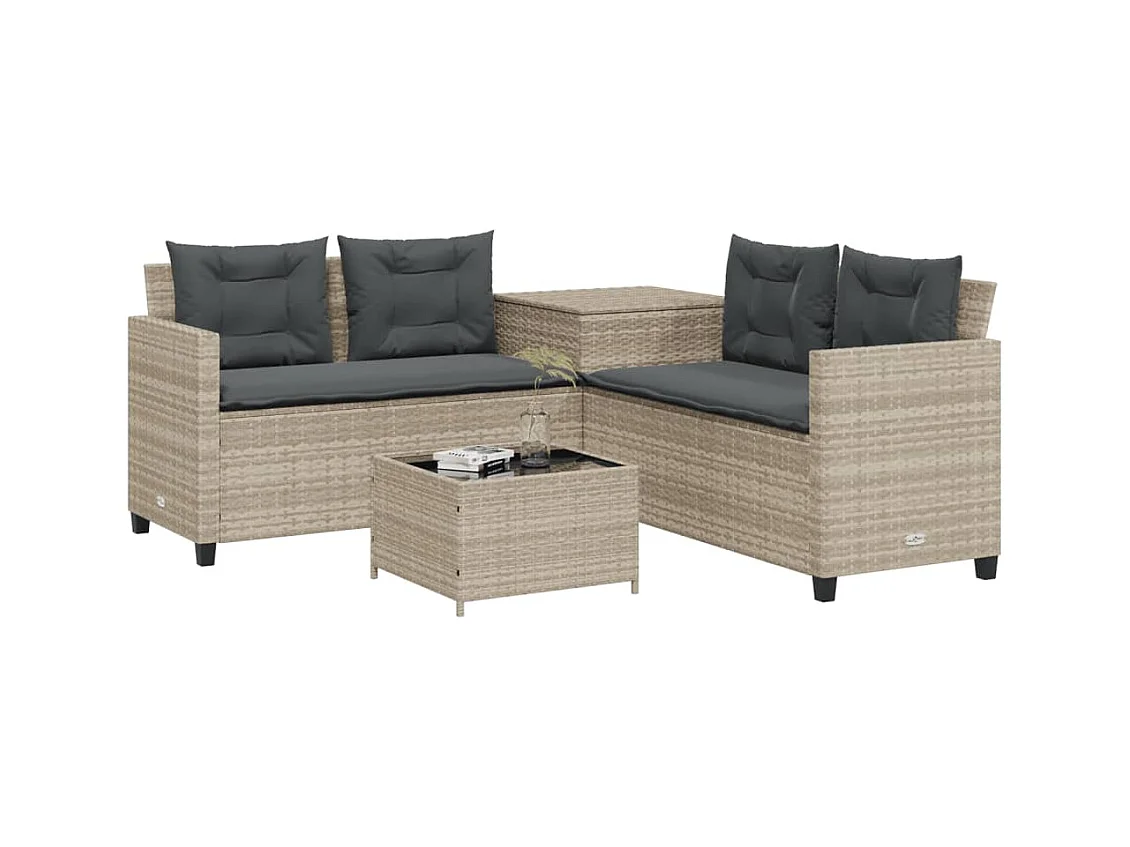 Canapé de jardin et table et coussins en forme de L gris clair