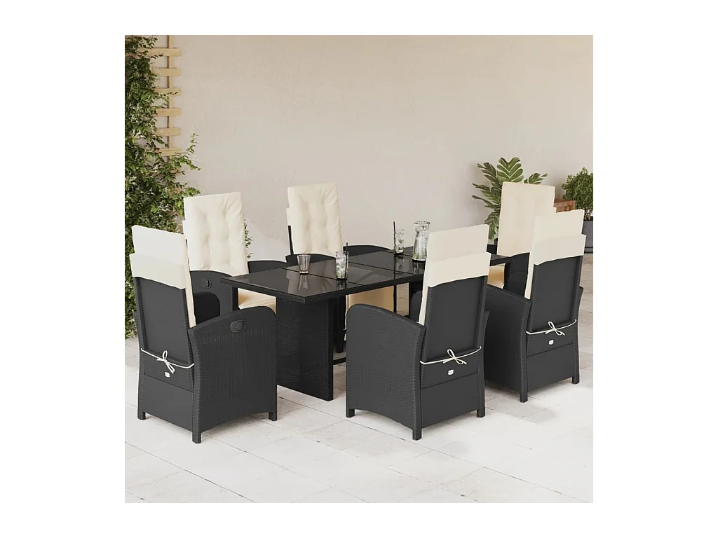 Ensemble à manger de jardin coussins 7pcs Noir Résine tressée