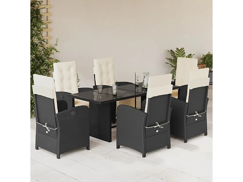 Ensemble à manger de jardin coussins 7pcs Noir Résine tressée