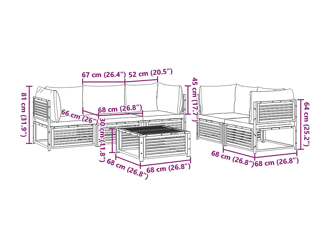 Salon de jardin avec coussins 6 pcs bois d'acacia solide
