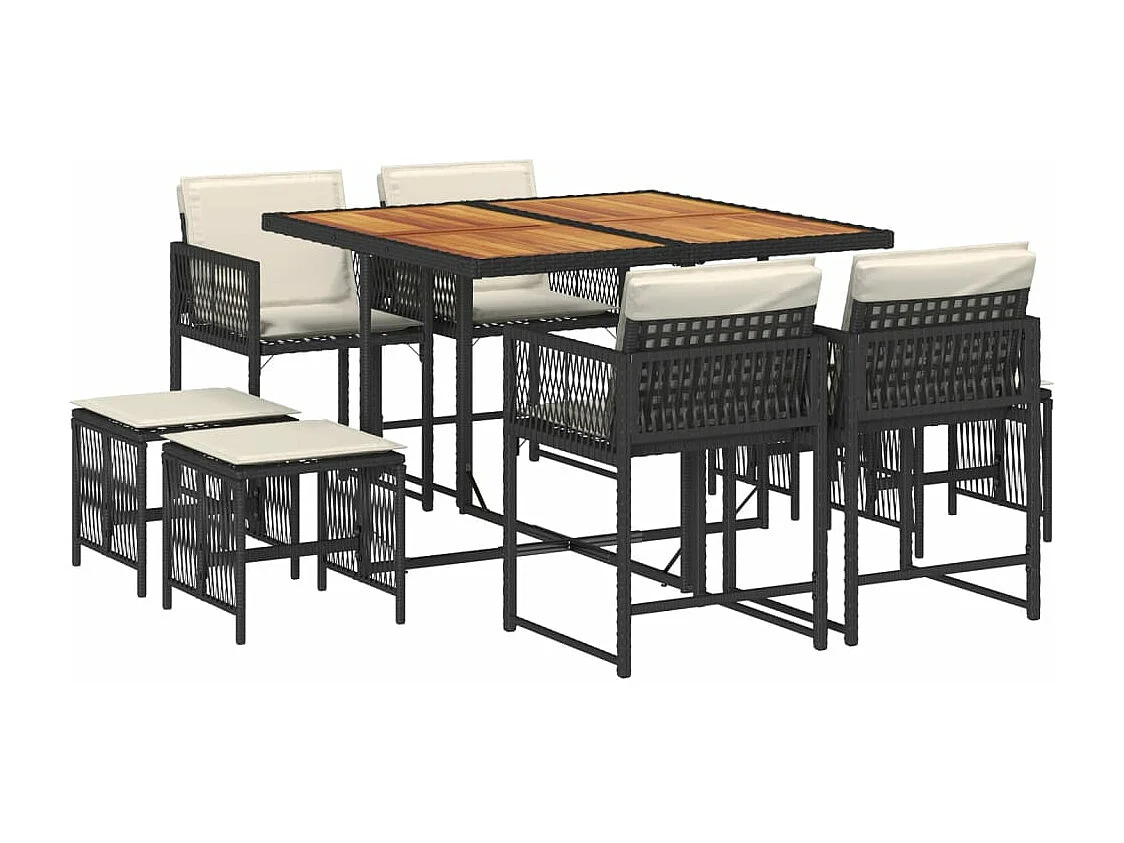 Set de comedor de jardín 9 pzas y cojines ratán sintético negro