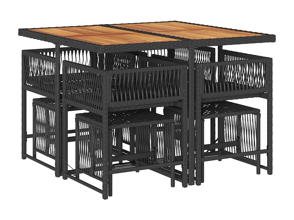 Set de comedor de jardín 9 pzas y cojines ratán sintético negro