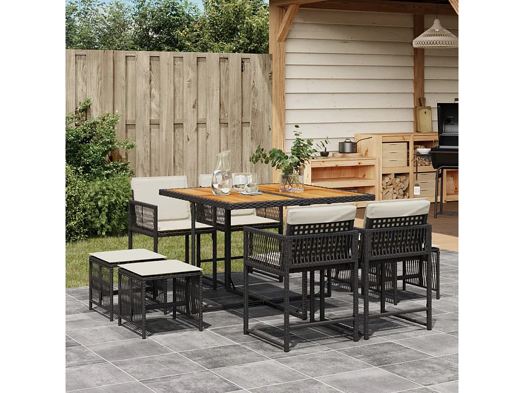 9 pcs conjunto de jantar p/ jardim c/ almofadões vime PE preto