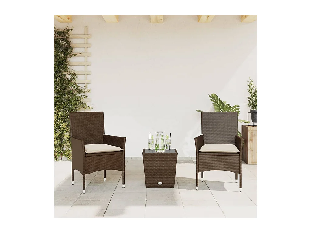 Set Bistrò 3 pz con Cuscini Marrone Polyrattan e Vetro